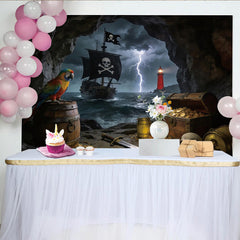Lofaris Dark Cave Pirate Photography Backdrop with Treasure and Stormy Sea, Adventure Theme Background for Party Decor