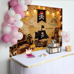 Lofaris Pirate Photography Backdrop with Treasure Map, Ship, and Gold Coins, Adventure Theme Background for Party Decor and Photoshoot