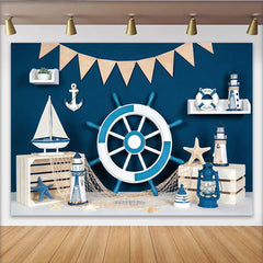 Lofaris Nautical Photography Backdrop with Blue and White Ship Wheel, Anchor and Sailboat, Marine Theme Background for Party Decor