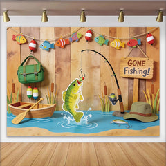 Lofaris Gone Fishing Photography Backdrop with Wooden Wall and Boat Scene, Outdoor Themed Studio Background for Party Decoration Props