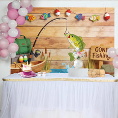 Lofaris Gone Fishing Birthday Backdrop with Wooden Wall and Jumping Fish, Outdoor Themed Party Background for Photoshoot