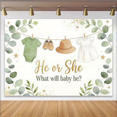 Lofaris Green Eucalyptus Gender Reveal Baby Shower Backdrop with He or She Text, Baby Clothes and Golden Glitter Decor for Party