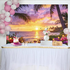 Lofaris Vibrant Sunset Beach Photography Backdrop with Palm Trees and Tropical Flowers, Romantic Party Decor for Summer Photoshoot