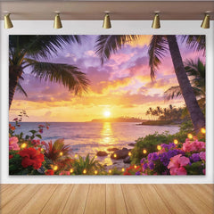 Lofaris Vibrant Sunset Beach Photography Backdrop with Palm Trees and Tropical Flowers, Romantic Party Decor for Summer Photoshoot