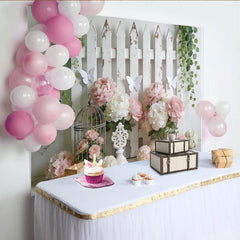 Lofaris Rustic White Fence Floral Photography Backdrop with Pink Peonies, Charming Spring Decor and Studio Background