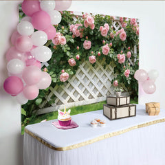 Lofaris Pink Rose Garden Photography Backdrop with White Lattice, Beautiful Floral Background for Spring Photoshoot Decor