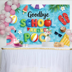 Lofaris Vibrant Blue Water Goodbye School Hello Pool Backdrop with Summer Inflatables, Fun Beach Party Background for Kids Photoshoot