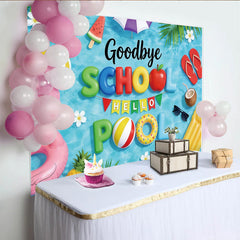 Lofaris Vibrant Blue Water Goodbye School Hello Pool Backdrop with Summer Inflatables, Fun Beach Party Background for Kids Photoshoot