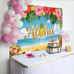 Lofaris Glitter Aloha Tropical Photography Backdrop, Pineapple and Flowers, Vibrant Beach Scene Background for Summer Party Decor