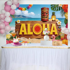 Lofaris Vibrant Hawaiian Holiday Backdrop with Aloha Sign and Tiki Mask, Tropical Beach Party Background for Summer Photoshoot