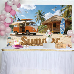 Lofaris Vibrant Summer Beach Photography Backdrop with Vintage Van and Palm Trees, Tropical Vacation Background for Photoshoot
