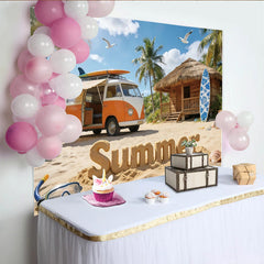 Lofaris Vibrant Summer Beach Photography Backdrop with Vintage Van and Palm Trees, Tropical Vacation Background for Photoshoot