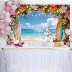 Lofaris Vibrant Tropical Beach Photography Backdrop with Floral Arch and Surfboards, Sparkling Ocean Background for Summer Party Decoration
