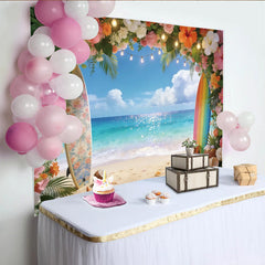 Lofaris Vibrant Tropical Beach Photography Backdrop with Floral Arch and Surfboards, Sparkling Ocean Background for Summer Party Decoration