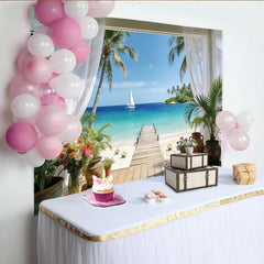 Lofaris Serene Tropical Beach Photography Backdrop with Wooden Pier, Stunning Ocean View Background for Studio Photoshoot and Room Decor