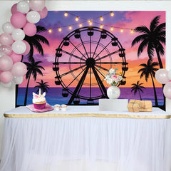 Lofaris Vibrant Sunset Beach Carnival Photography Backdrop, Ferris Wheel and Palm Trees Ocean Background for Party Decor