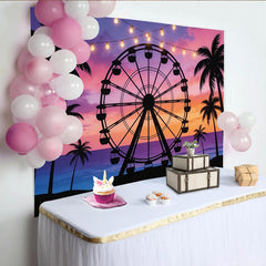 Lofaris Vibrant Sunset Beach Carnival Photography Backdrop, Ferris Wheel and Palm Trees Ocean Background for Party Decor