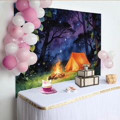 Lofaris Magical Forest Camping Night Sky Photography Backdrop with Glowing Tent and Campfire, Dreamy Studio Background for Adventure Theme