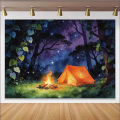 Lofaris Magical Forest Camping Night Sky Photography Backdrop with Glowing Tent and Campfire, Dreamy Studio Background for Adventure Theme