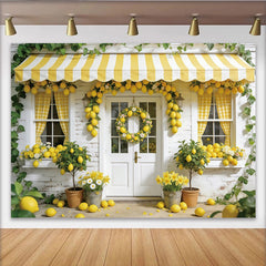 Lofaris Lemon Spring Photography Backdrop with Yellow Awning and Wreath, Fresh House Facade Background for Studio Photoshoot
