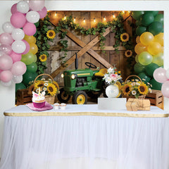 Lofaris Green Tractor Birthday Backdrop with Yellow Balloons and Sunflowers, Rustic Farm Photography Background for Kids Party Decoration