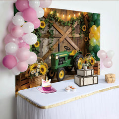 Lofaris Green Tractor Birthday Backdrop with Yellow Balloons and Sunflowers, Rustic Farm Photography Background for Kids Party Decoration