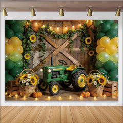 Lofaris Green Tractor Birthday Backdrop with Yellow Balloons and Sunflowers, Rustic Farm Photography Background for Kids Party Decoration