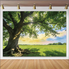 Lofaris Vibrant Green Tree Photography Backdrop with Sunlight and Roots, Serene Natural Scenery Background for Outdoor Photoshoot