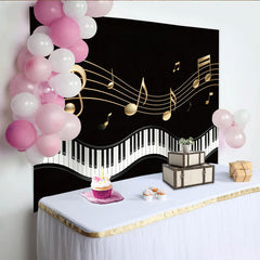 Lofaris Golden Musical Notes Piano Photography Backdrop, Elegant Black Background for Studio Photoshoot and Party Decor