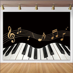 Lofaris Black and Gold Piano Keyboard Music Photography Backdrop, Elegant Musical Notes Background for Studio Photoshoot and Party Decor