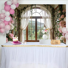 Lofaris Elegant Floral Window Photography Backdrop with Arch and Forest View, Beautiful Photo Studio Background for Wedding or Bridal Shower