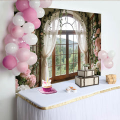 Lofaris Elegant Floral Window Photography Backdrop with Arch and Forest View, Beautiful Photo Studio Background for Wedding or Bridal Shower