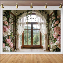 Lofaris Elegant Floral Window Photography Backdrop with Arch and Forest View, Beautiful Photo Studio Background for Wedding or Bridal Shower