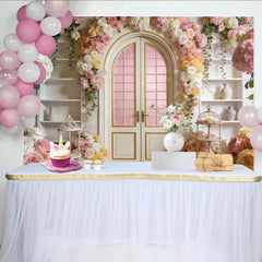 Lofaris Elegant Floral Door Photography Backdrop with Pink and White Roses, Romantic Archway Background for Wedding Party Decor