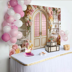 Lofaris Elegant Floral Door Photography Backdrop with Pink and White Roses, Romantic Archway Background for Wedding Party Decor