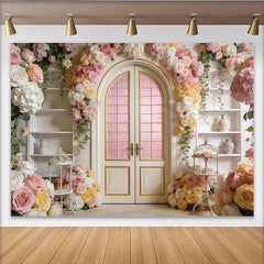Lofaris Elegant Floral Door Photography Backdrop with Pink and White Roses, Romantic Archway Background for Wedding Party Decor