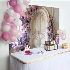 Lofaris Elegant Floral Photography Backdrop with Ornate Arch Door, Purple and Pink Flowers Studio Background for Wedding Photoshoot