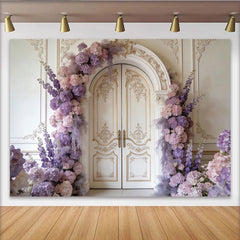 Lofaris Elegant Floral Photography Backdrop with Ornate Arch Door, Purple and Pink Flowers Studio Background for Wedding Photoshoot