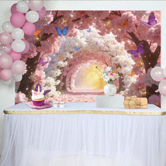 Lofaris Pink and White Cherry Blossom Photography Backdrop, Colorful Butterflies and Sparkling Glitter Background for Studio Photoshoot