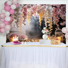 Lofaris Enchanted Forest Floral Photography Backdrop with Blossoms, Romantic Birdcage Background for Studio Photography