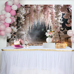 Lofaris Dreamy Pink and White Floral Photography Backdrop with Birdcages, Elegant Studio Background for Romantic Photoshoot and Event Decor