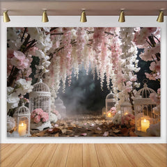 Lofaris Dreamy Pink and White Floral Photography Backdrop with Birdcages, Elegant Studio Background for Romantic Photoshoot and Event Decor