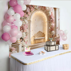 Lofaris Elegant Pink Floral Photography Backdrop with Golden Bench, Luxurious Studio Background for Wedding, Engagement, or Portrait Photoshoot