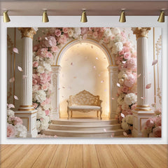 Lofaris Elegant Pink Floral Photography Backdrop with Golden Bench, Luxurious Studio Background for Wedding, Engagement, or Portrait Photoshoot