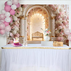 Lofaris Elegant Pink and White Floral Arch Wedding Backdrop with Golden Bench, Romantic Photography Background for Engagement Party Decor