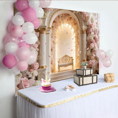 Lofaris Elegant Pink and White Floral Arch Wedding Backdrop with Golden Bench, Romantic Photography Background for Engagement Party Decor
