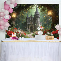 Lofaris Magical Enchanted Forest Castle Photography Backdrop, Fairy Tale Scene with Glowing Lanterns and Flowers for Studio