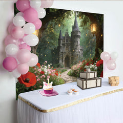 Lofaris Magical Enchanted Forest Castle Photography Backdrop, Fairy Tale Scene with Glowing Lanterns and Flowers for Studio