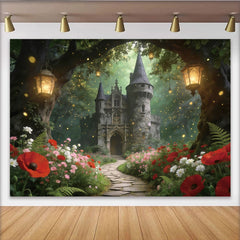 Lofaris Magical Enchanted Forest Castle Photography Backdrop, Fairy Tale Scene with Glowing Lanterns and Flowers for Studio