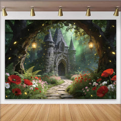 Lofaris Enchanted Forest Castle Photography Backdrop with Glowing Fireflies and Red Poppies, Magical Photo Studio Background for Portraits